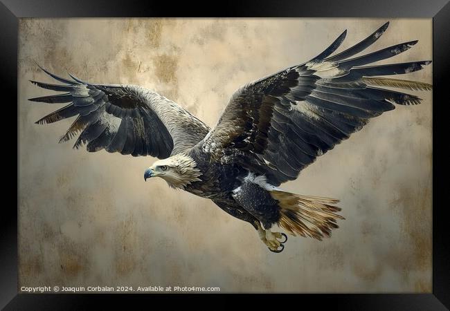 A detailed painting capturing the powerful flight of a golden eagle against a dark gray backdrop. Framed Print by Joaquin Corbalan