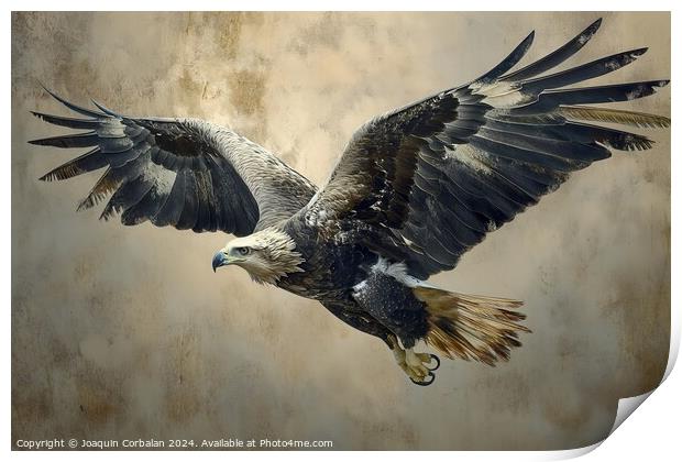 A detailed painting capturing the powerful flight of a golden eagle against a dark gray backdrop. Print by Joaquin Corbalan