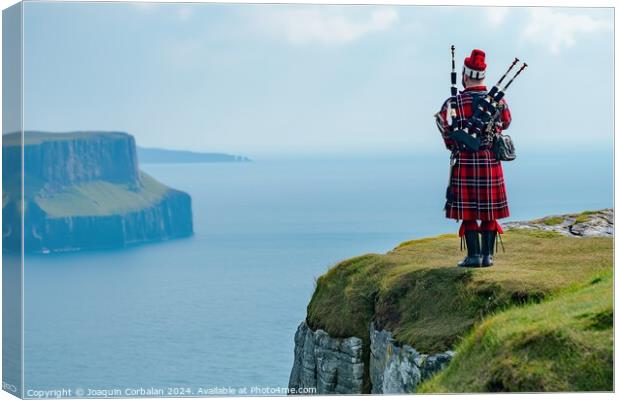 A traditional Scottish bagpiper, in full dress, near a cliff. Canvas Print by Joaquin Corbalan