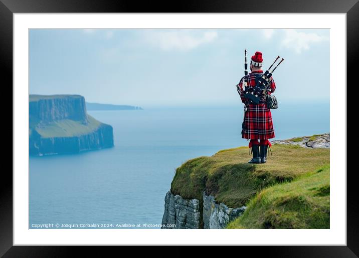 A traditional Scottish bagpiper, in full dress, near a cliff. Framed Mounted Print by Joaquin Corbalan