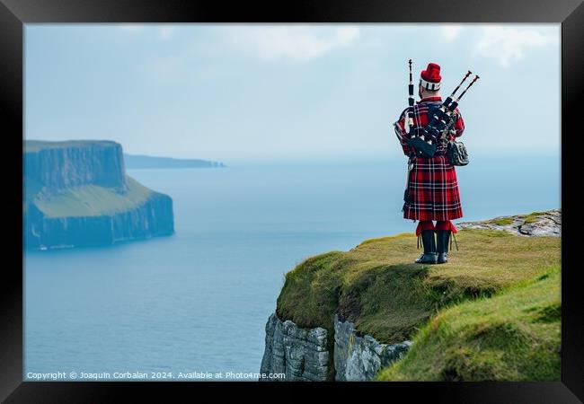 A traditional Scottish bagpiper, in full dress, near a cliff. Framed Print by Joaquin Corbalan