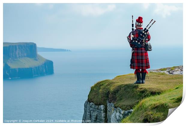 A traditional Scottish bagpiper, in full dress, near a cliff. Print by Joaquin Corbalan