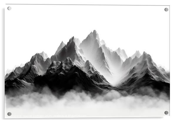 Ilustration of a mountain range in pencil, black and white background. Acrylic by Joaquin Corbalan
