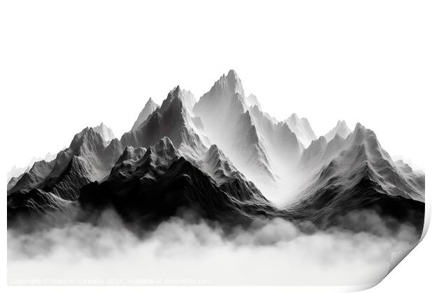 Ilustration of a mountain range in pencil, black and white background. Print by Joaquin Corbalan