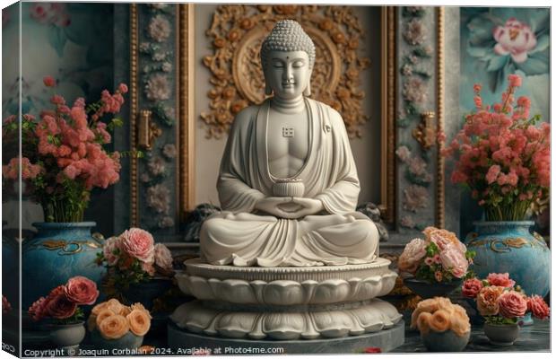 Buddha statue in white marble, with flower offerings around it. Canvas Print by Joaquin Corbalan