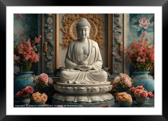 Buddha statue in white marble, with flower offerings around it. Framed Mounted Print by Joaquin Corbalan