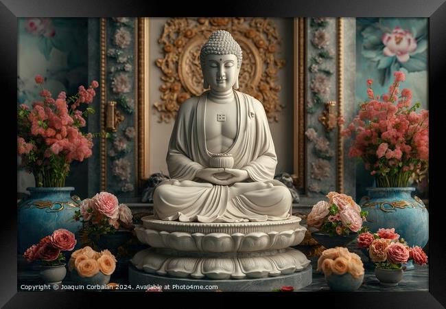 Buddha statue in white marble, with flower offerings around it. Framed Print by Joaquin Corbalan