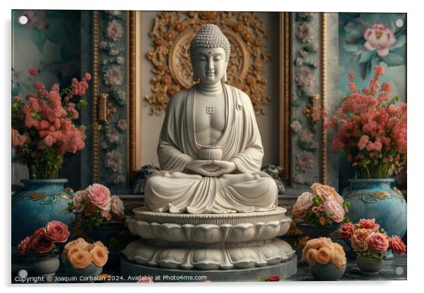 Buddha statue in white marble, with flower offerings around it. Acrylic by Joaquin Corbalan