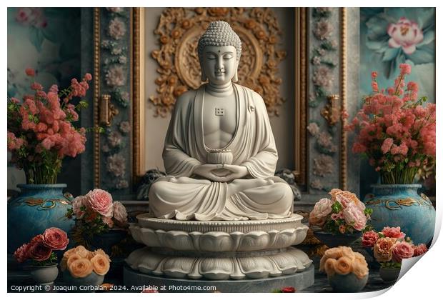Buddha statue in white marble, with flower offerings around it. Print by Joaquin Corbalan