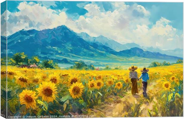 Two farmers walking through a field of sunflowers. Canvas Print by Joaquin Corbalan