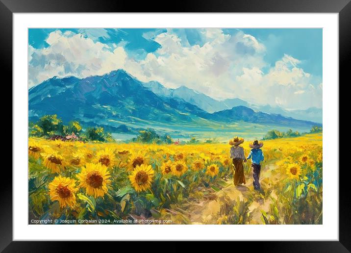 Two farmers walking through a field of sunflowers. Framed Mounted Print by Joaquin Corbalan
