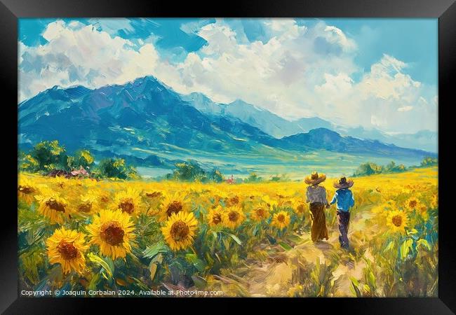 Two farmers walking through a field of sunflowers. Framed Print by Joaquin Corbalan