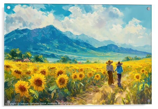 Two farmers walking through a field of sunflowers. Acrylic by Joaquin Corbalan