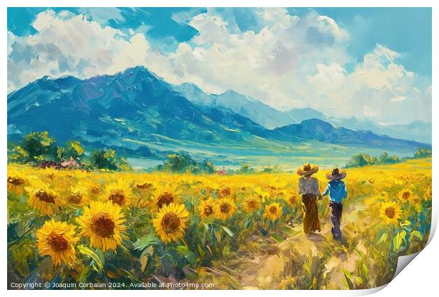 Two farmers walking through a field of sunflowers. Print by Joaquin Corbalan