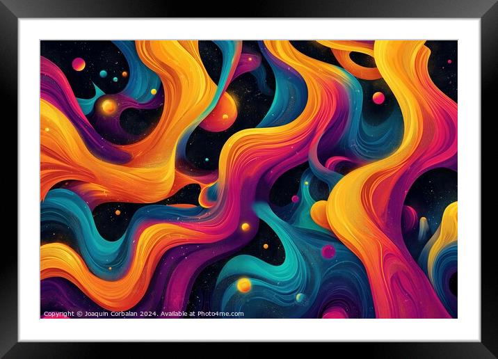 An abstract painting featuring a complex arrangement of vibrant swirls and bubbles. Framed Mounted Print by Joaquin Corbalan