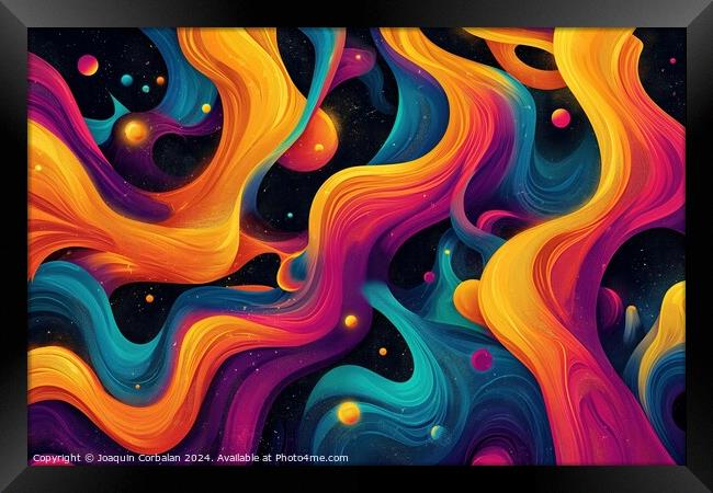 An abstract painting featuring a complex arrangement of vibrant swirls and bubbles. Framed Print by Joaquin Corbalan