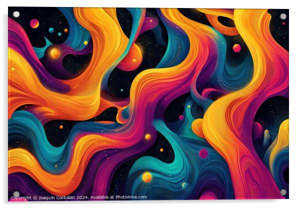 An abstract painting featuring a complex arrangement of vibrant swirls and bubbles. Acrylic by Joaquin Corbalan