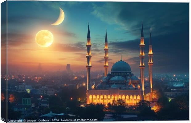 A stunning photo of a mosque bathed in light at night, with the moon shining in the background. Canvas Print by Joaquin Corbalan