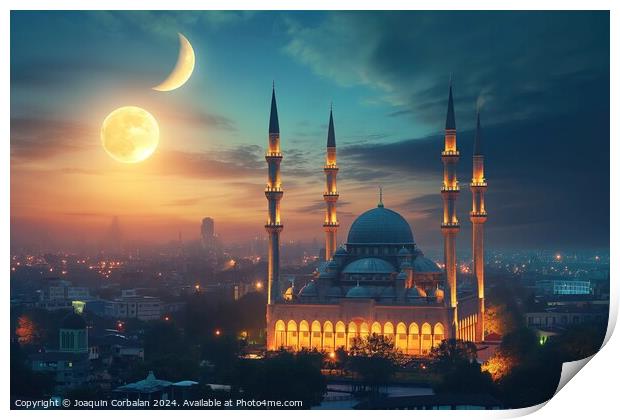 A stunning photo of a mosque bathed in light at night, with the moon shining in the background. Print by Joaquin Corbalan