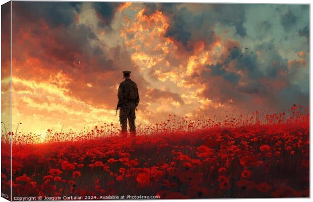 A man stands in a field filled with vibrant red flowers. Canvas Print by Joaquin Corbalan