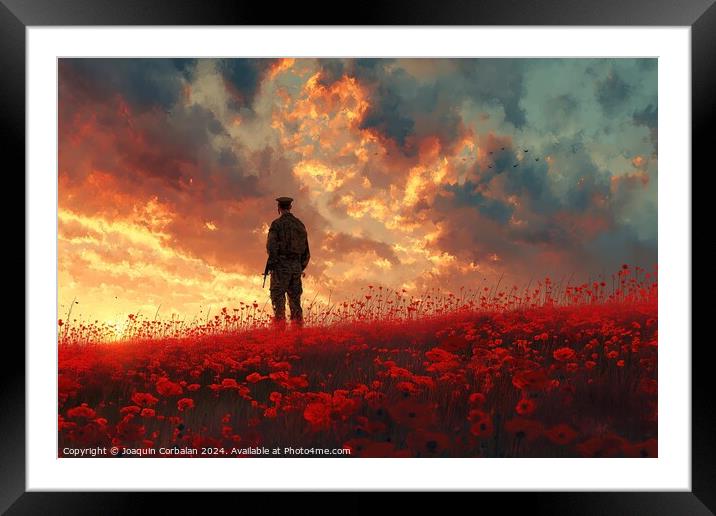 A man stands in a field filled with vibrant red flowers. Framed Mounted Print by Joaquin Corbalan