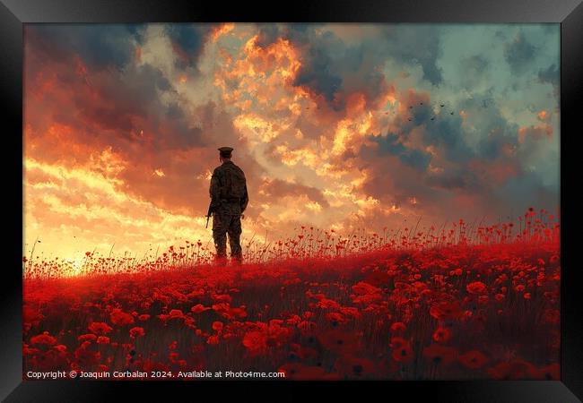 A man stands in a field filled with vibrant red flowers. Framed Print by Joaquin Corbalan