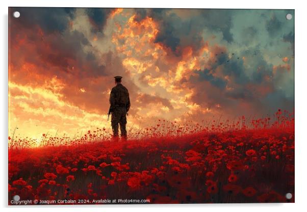 A man stands in a field filled with vibrant red flowers. Acrylic by Joaquin Corbalan