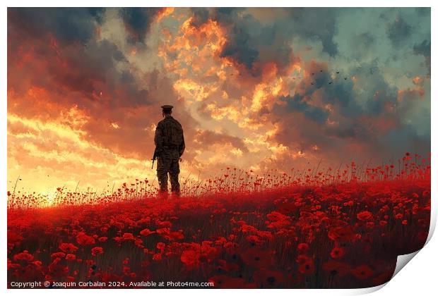 A man stands in a field filled with vibrant red flowers. Print by Joaquin Corbalan