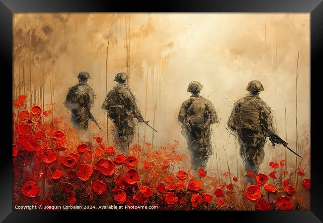 A painting depicting soldiers in a field of poppies, symbolizing patriotism and the memory of international military efforts. Framed Print by Joaquin Corbalan