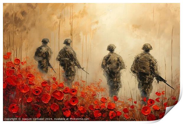 A painting depicting soldiers in a field of poppies, symbolizing patriotism and the memory of international military efforts. Print by Joaquin Corbalan