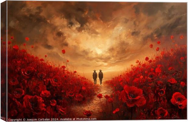 A painting capturing the image of two individuals walking through a vibrant field filled with red flowers. Canvas Print by Joaquin Corbalan