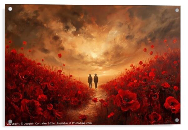 A painting capturing the image of two individuals walking through a vibrant field filled with red flowers. Acrylic by Joaquin Corbalan
