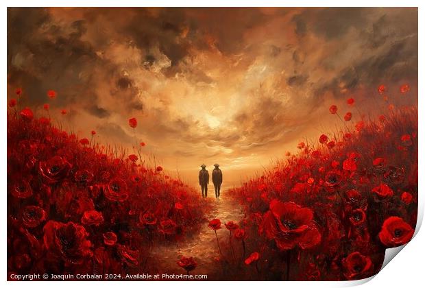 A painting capturing the image of two individuals walking through a vibrant field filled with red flowers. Print by Joaquin Corbalan
