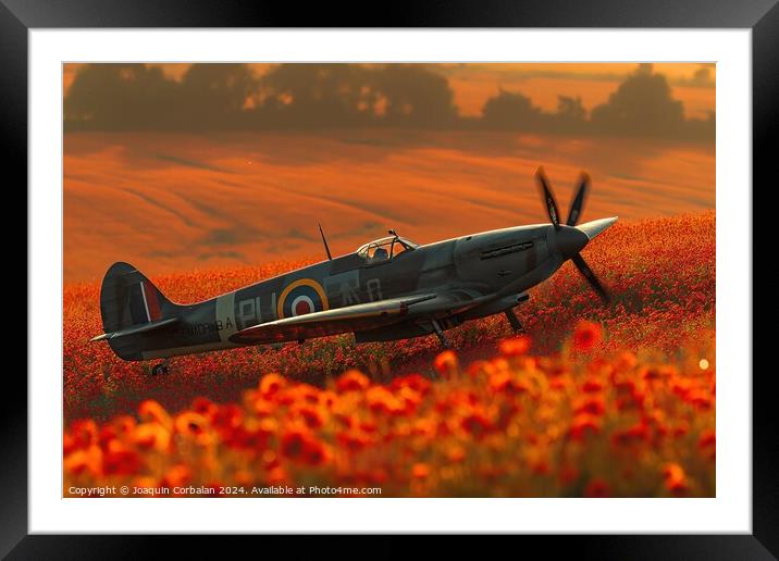 Classic spitfire aircraft, perched in a field of red poppies celebrating the Battle of Britain Memorial Framed Mounted Print by Joaquin Corbalan