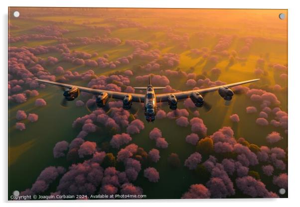 Avro Lancaster type heavy bomber, flying over the English countryside at dusk. Acrylic by Joaquin Corbalan