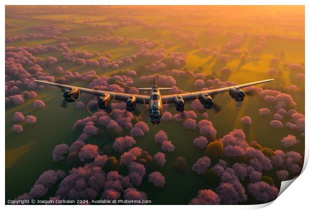 Avro Lancaster type heavy bomber, flying over the English countryside at dusk. Print by Joaquin Corbalan