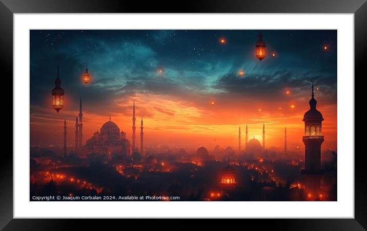 Drawing with the silhouette of an Arab city, at dusk, banner to celebrate Ramadan. Framed Mounted Print by Joaquin Corbalan