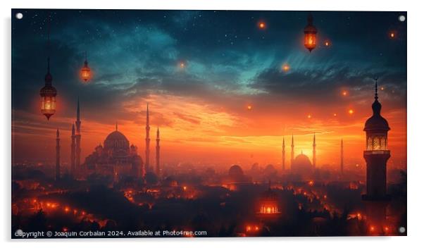 Drawing with the silhouette of an Arab city, at dusk, banner to celebrate Ramadan. Acrylic by Joaquin Corbalan