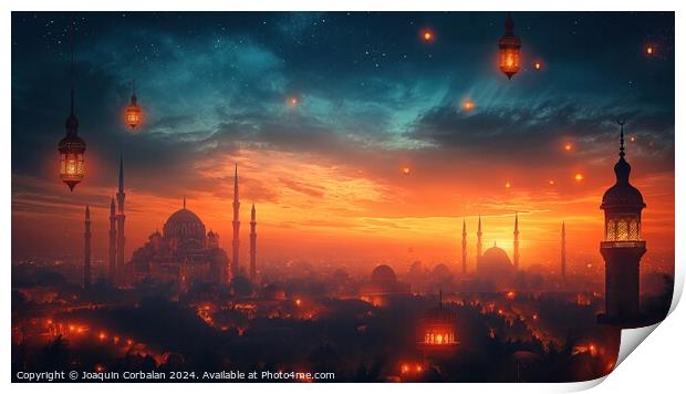 Drawing with the silhouette of an Arab city, at dusk, banner to celebrate Ramadan. Print by Joaquin Corbalan