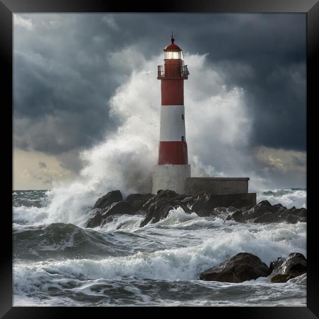 Lighthouse in a Storm Framed Print by Colin Allen