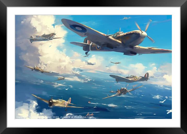 A World War II-inspired recruitment poster depicting airplanes in flight over the ocean. Framed Mounted Print by Joaquin Corbalan