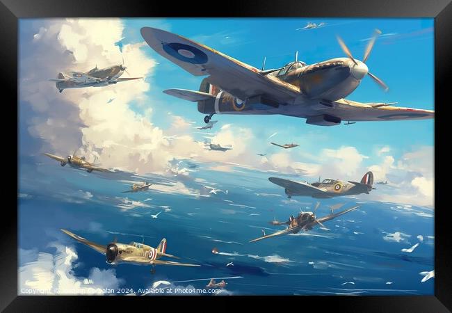 A World War II-inspired recruitment poster depicting airplanes in flight over the ocean. Framed Print by Joaquin Corbalan