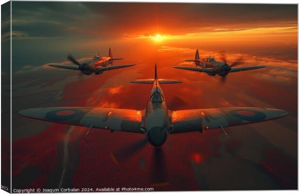 A group of three classic aircraft, reminiscent of The Battle of Britain, flying in formation against a backdrop of cloudy skies. Canvas Print by Joaquin Corbalan