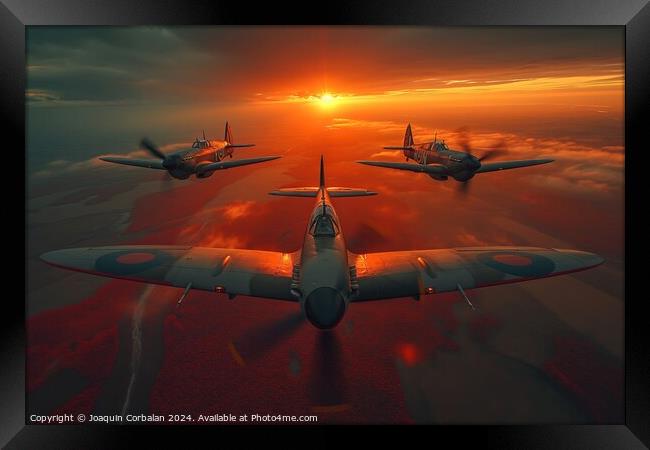 A group of three classic aircraft, reminiscent of The Battle of Britain, flying in formation against a backdrop of cloudy skies. Framed Print by Joaquin Corbalan