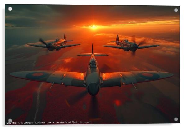 A group of three classic aircraft, reminiscent of The Battle of Britain, flying in formation against a backdrop of cloudy skies. Acrylic by Joaquin Corbalan
