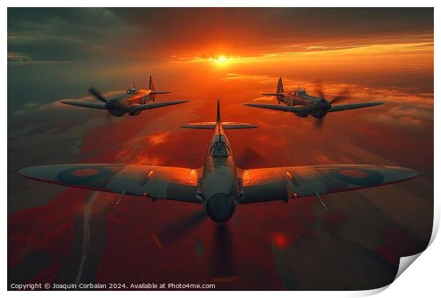 A group of three classic aircraft, reminiscent of The Battle of Britain, flying in formation against a backdrop of cloudy skies. Print by Joaquin Corbalan