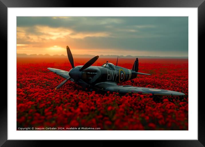 A classic aircraft peacefully sits in a vibrant field of red flowers at the Battle of Britain Memorial. Framed Mounted Print by Joaquin Corbalan