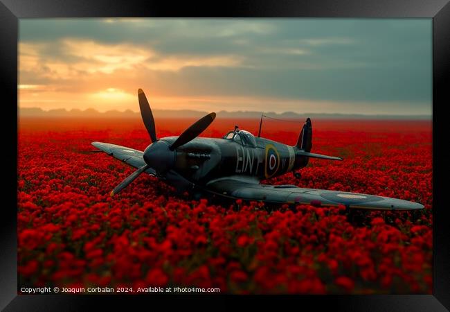 A classic aircraft peacefully sits in a vibrant field of red flowers at the Battle of Britain Memorial. Framed Print by Joaquin Corbalan