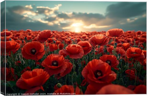A field filled with poppy red flowers stands beneath a cloudy sky, creating a striking and vivid scene. Canvas Print by Joaquin Corbalan