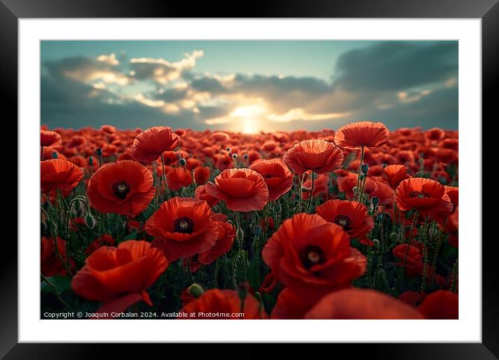 A field filled with poppy red flowers stands beneath a cloudy sky, creating a striking and vivid scene. Framed Mounted Print by Joaquin Corbalan
